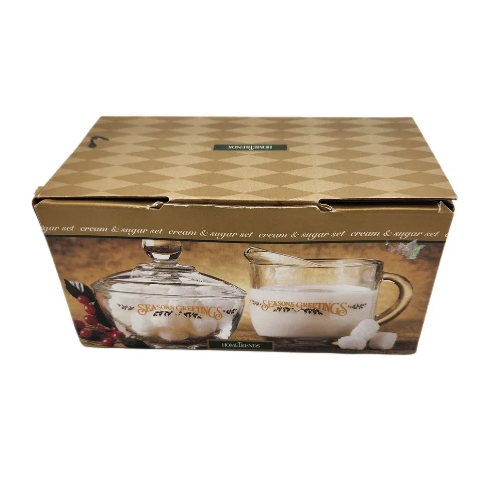 VTG Hometrends Anchor Hocking Glass Sugar & Cream Set Season Greetings Deadstock